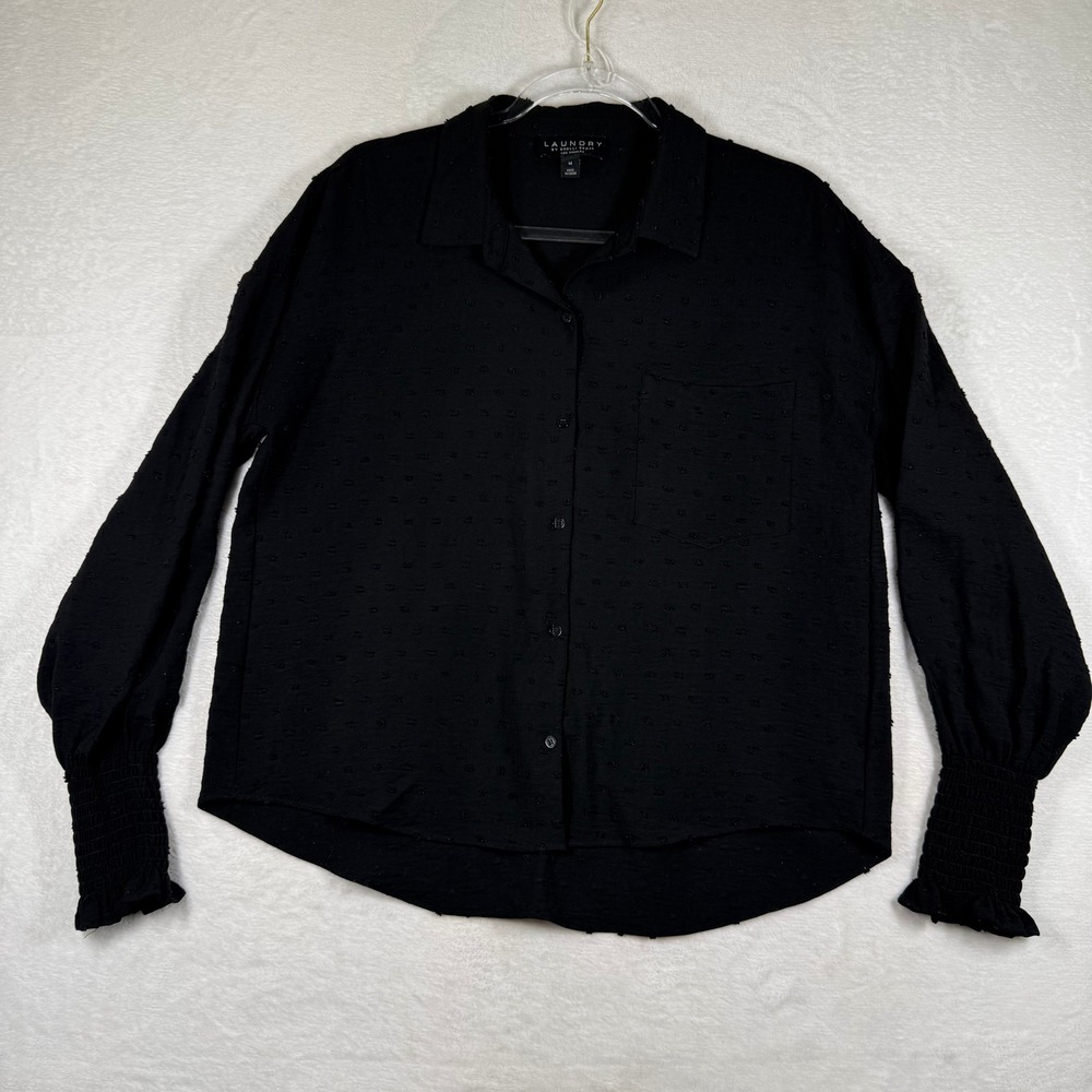 Laundry‎ by Shelli Segal Black Swiss Dot Button Down Blouse Smocked Cuff Medium
